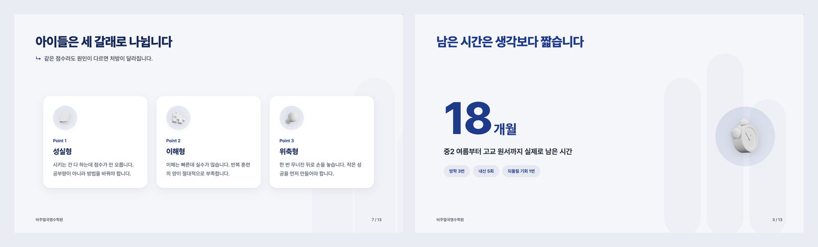 AI가 만든 설명회 발표자료 — 세 유형 카드와 큰 숫자 슬라이드